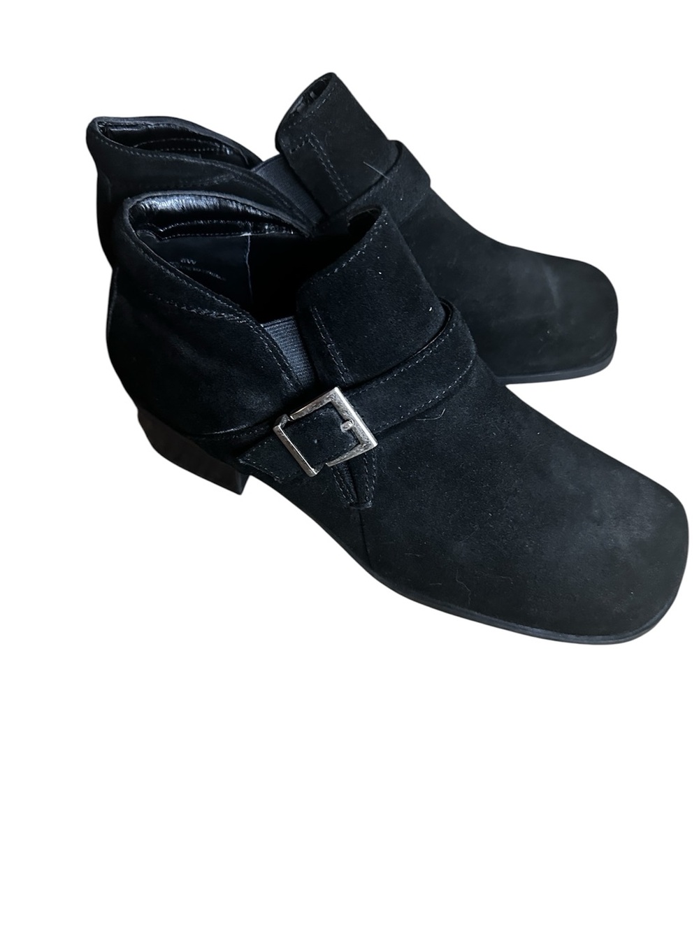 Women's Black Suede Ankle Booties with Buckle Detail Size 8W